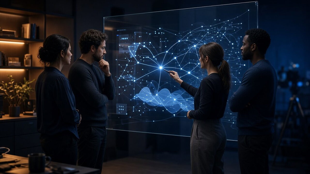 Team reviewing an AI product interface in a studio