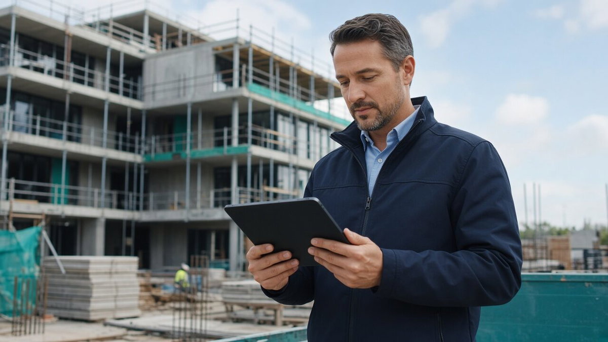 Builder reviewing construction progress on a tablet