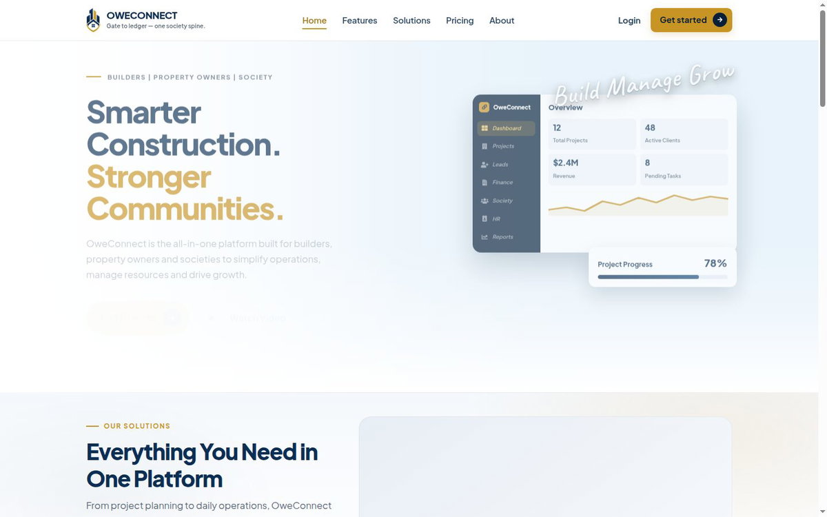 OweConnect homepage — society operations platform