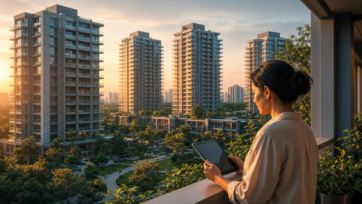 Modern residential society towers at golden hour