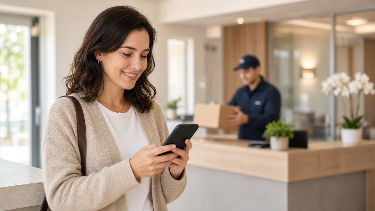Resident using the OweConnect app in a society lobby